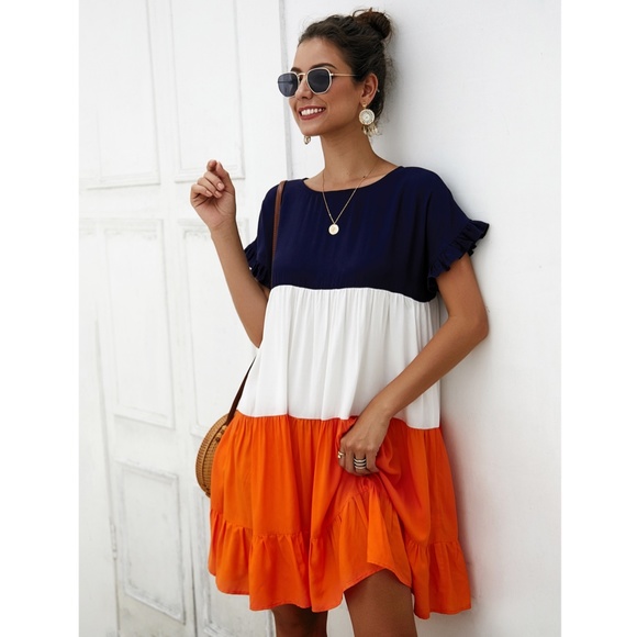 Rouge! Dresses & Skirts - Color Block Loose Mini Dress Blue Orange White